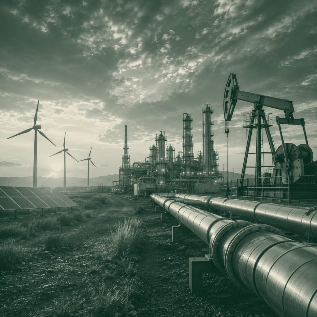 Wind turbines and a pipeline at an energy facility at sunset