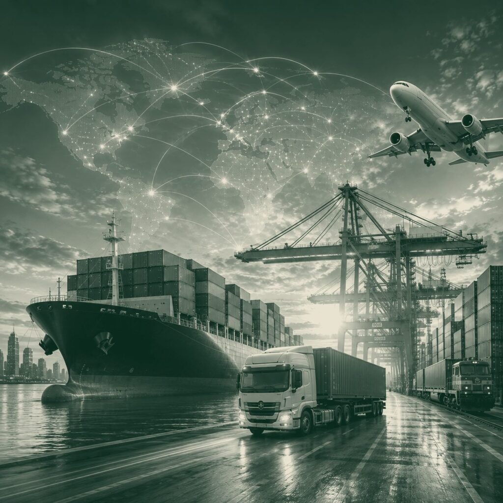 A container ship, cargo aircraft and freight lorry representing cross-border trade