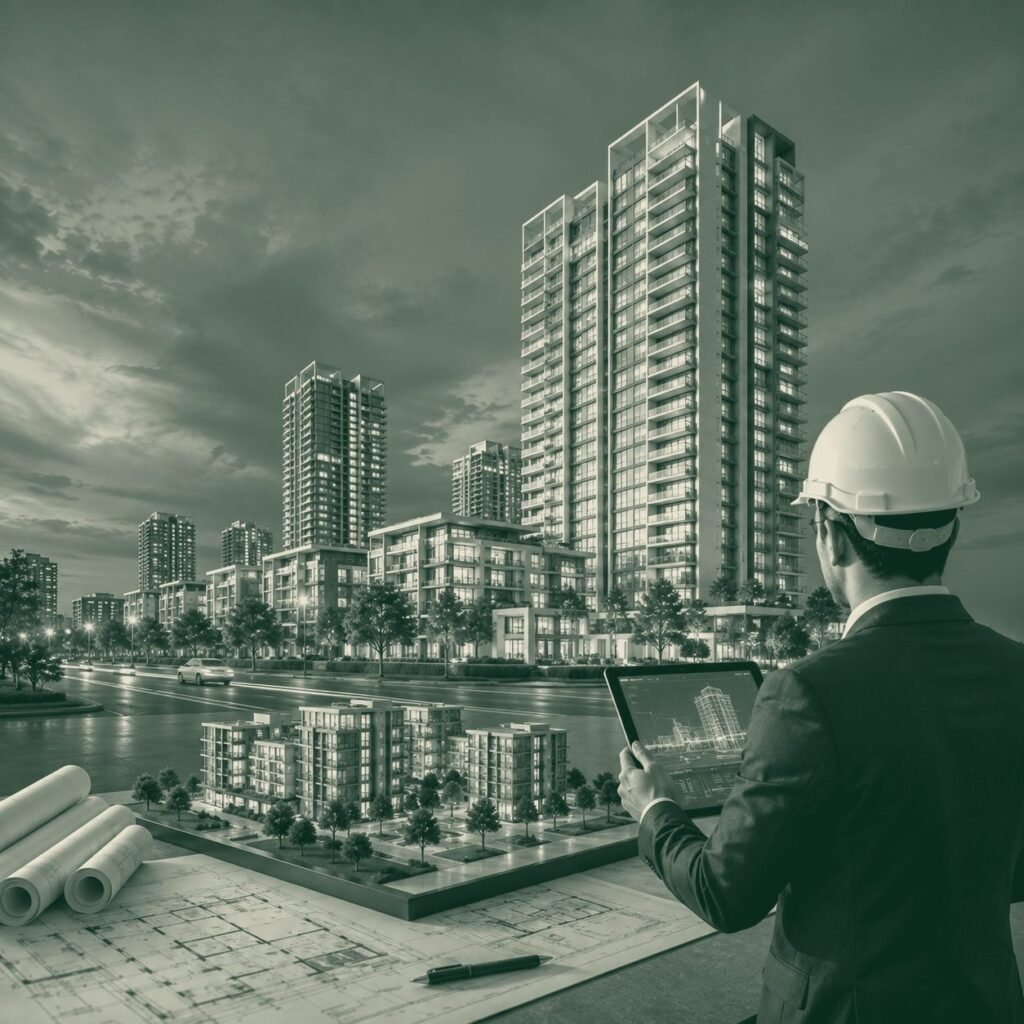 A high-rise residential development under construction beside the water