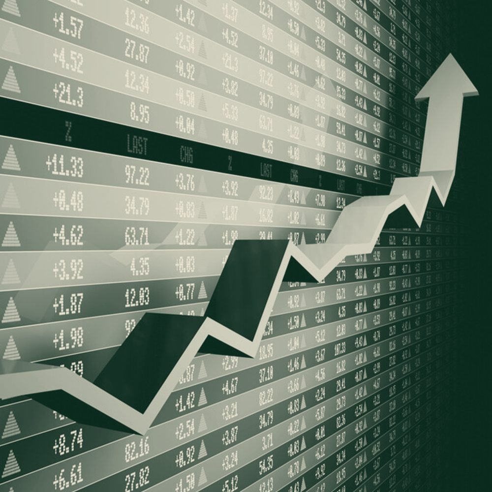 A rising performance chart against financial market data