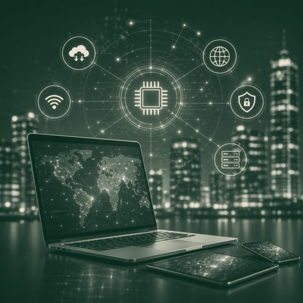 A laptop overlaid with digital network and connectivity graphics