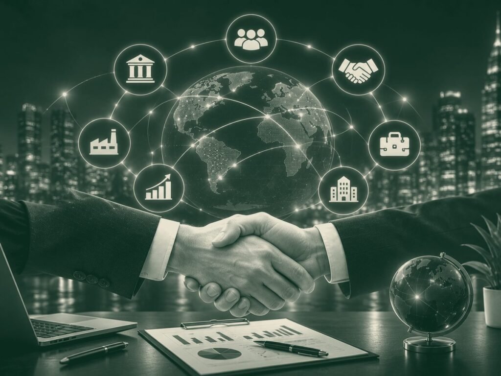 A handshake between business partners with global network graphics