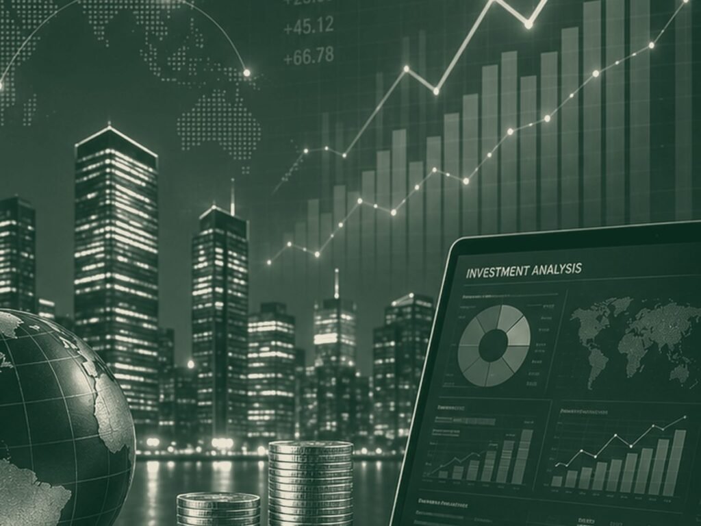 A globe and financial materials against a city skyline at night
